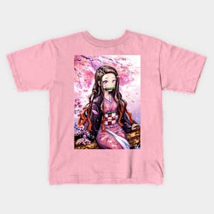 Watercolor Nezuko Under Sakura Tree- Demon Slayer Fanart Kids T-Shirt